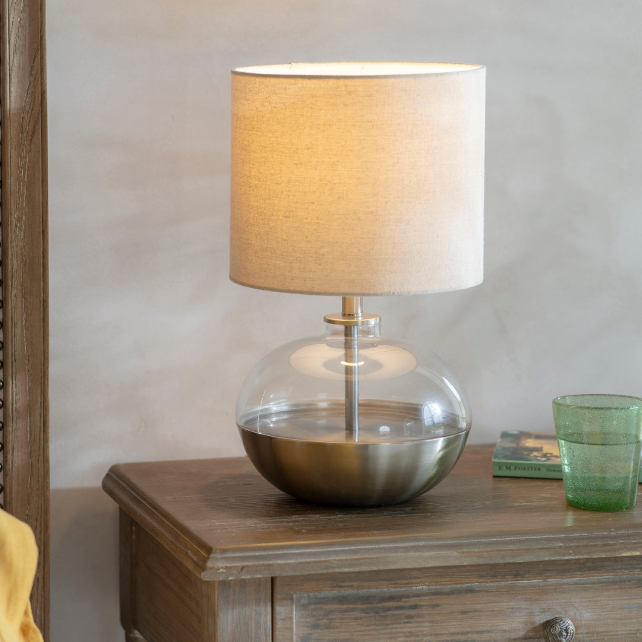 Derby Glass and Brushed Iron Table Lamp with Shade