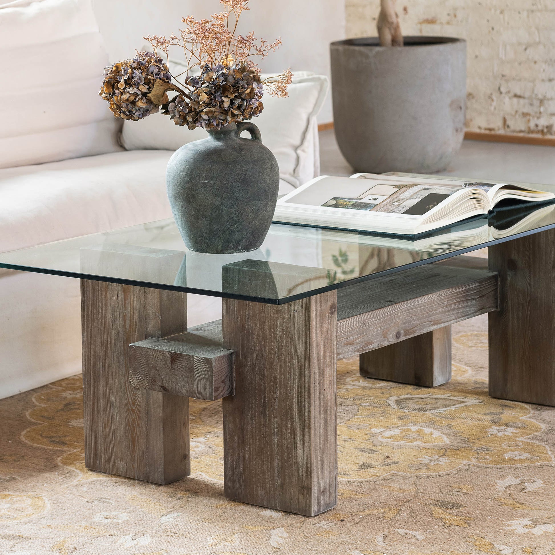 San Clemente Glass Top Pine Coffee Table