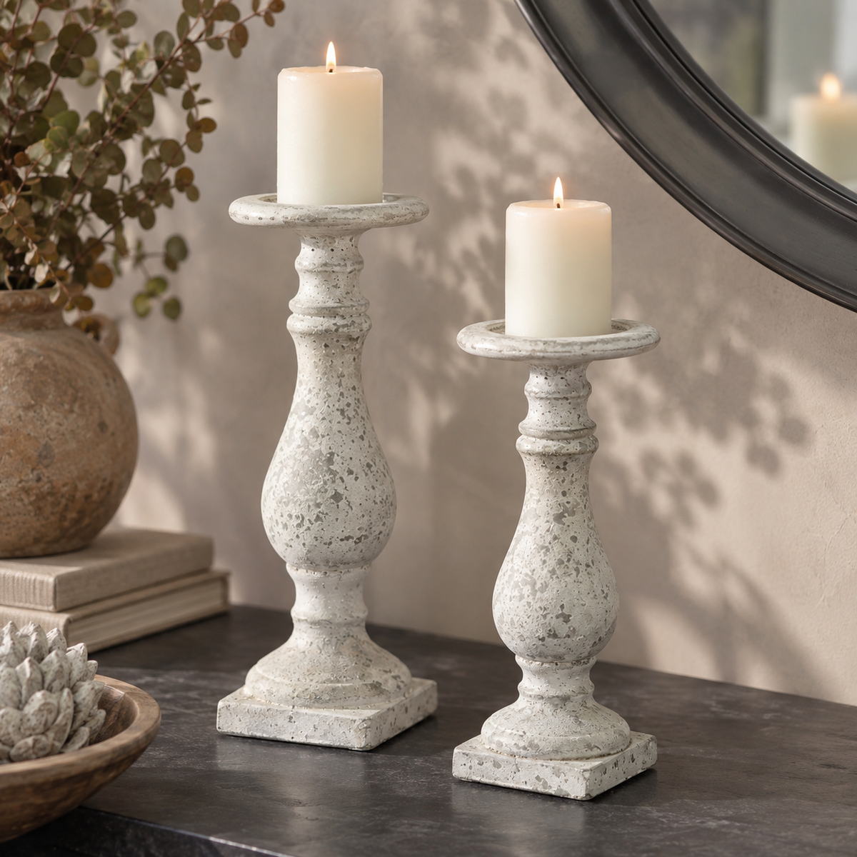 Clemsfold Set of 2 Stone Candlesticks
