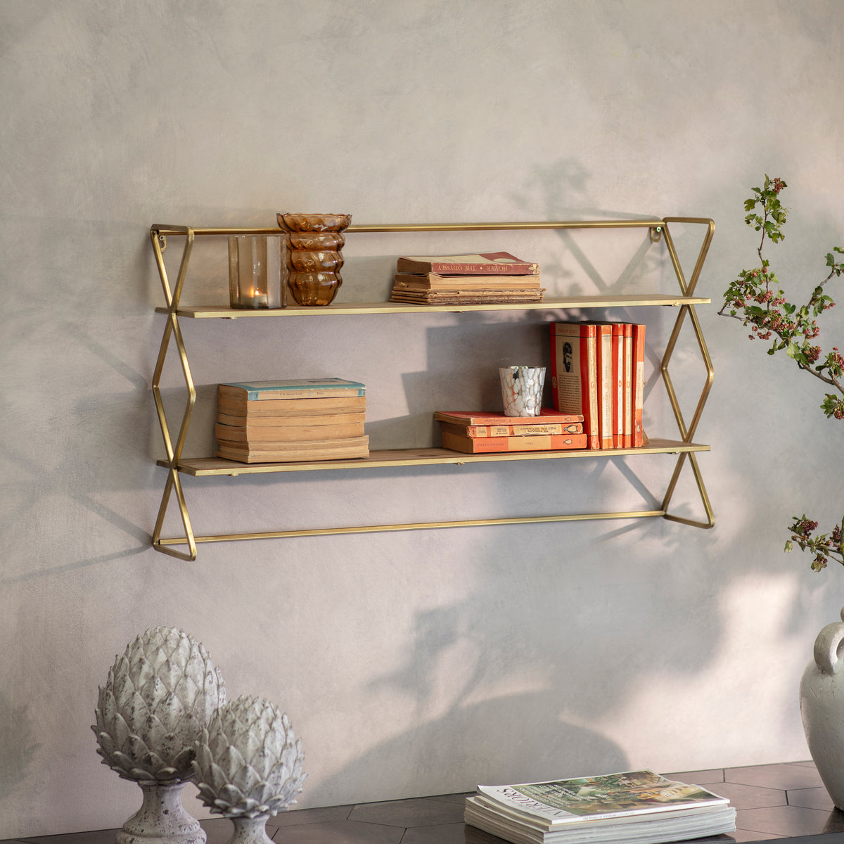 Avondale Double Cross Shelf Brass Finish