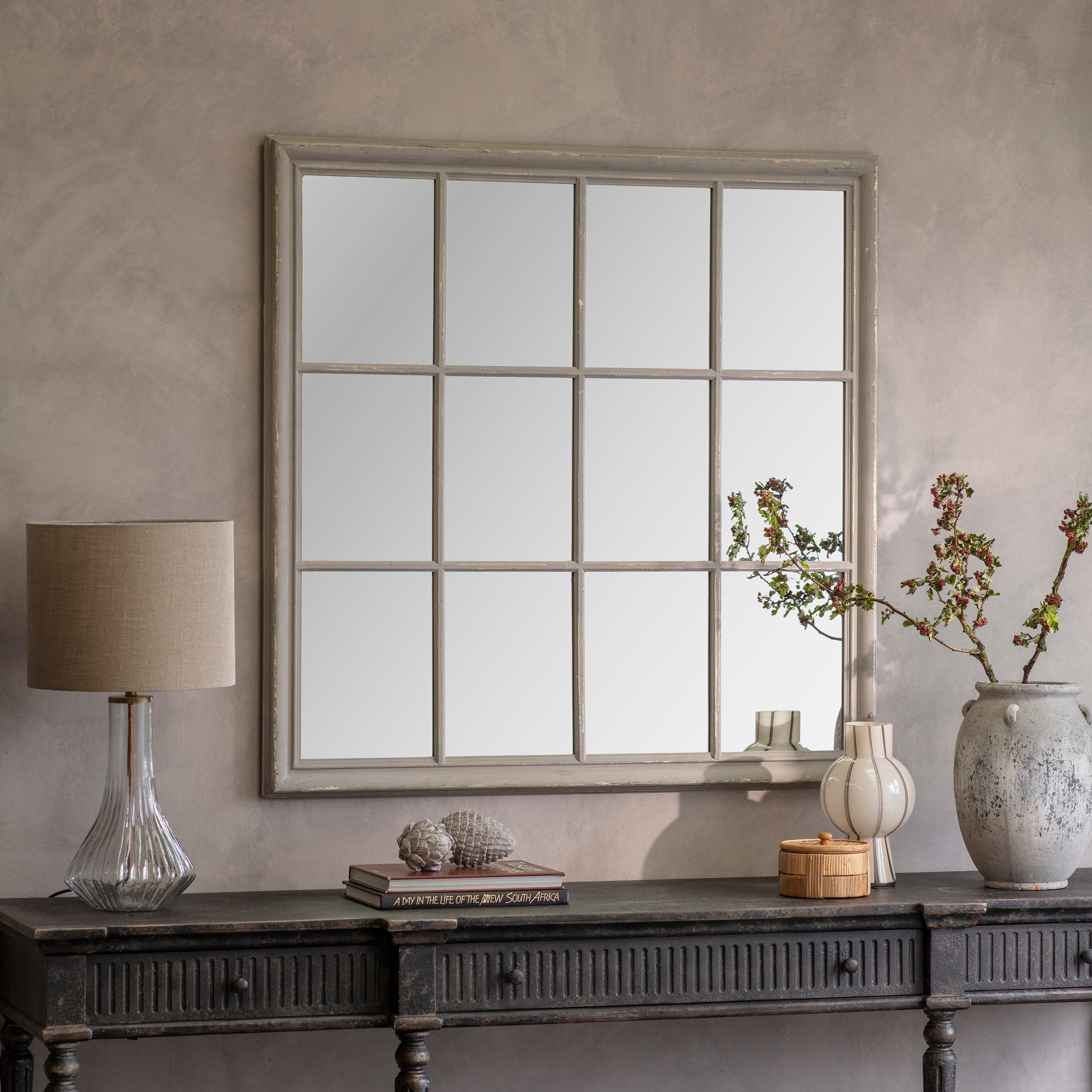 Wilton Grey Mirror with Wooden Grid