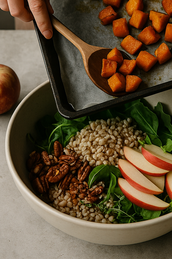 Person adding roasted squash to a salad on a table with an apple and small bowl of dressing.